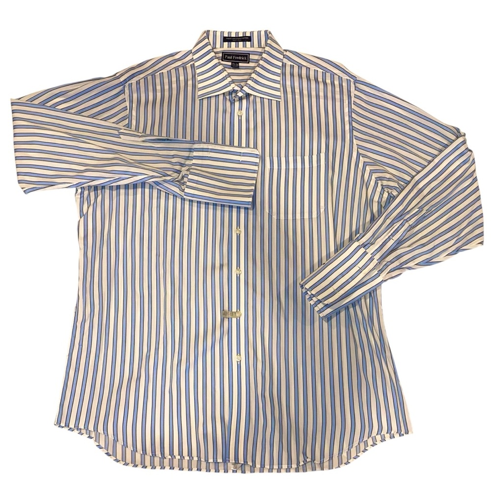 Paul Fredrick Mens French Cuff Dress Shirt Cotton Blue & White Striped 17½-36 - Picture 3 of 7